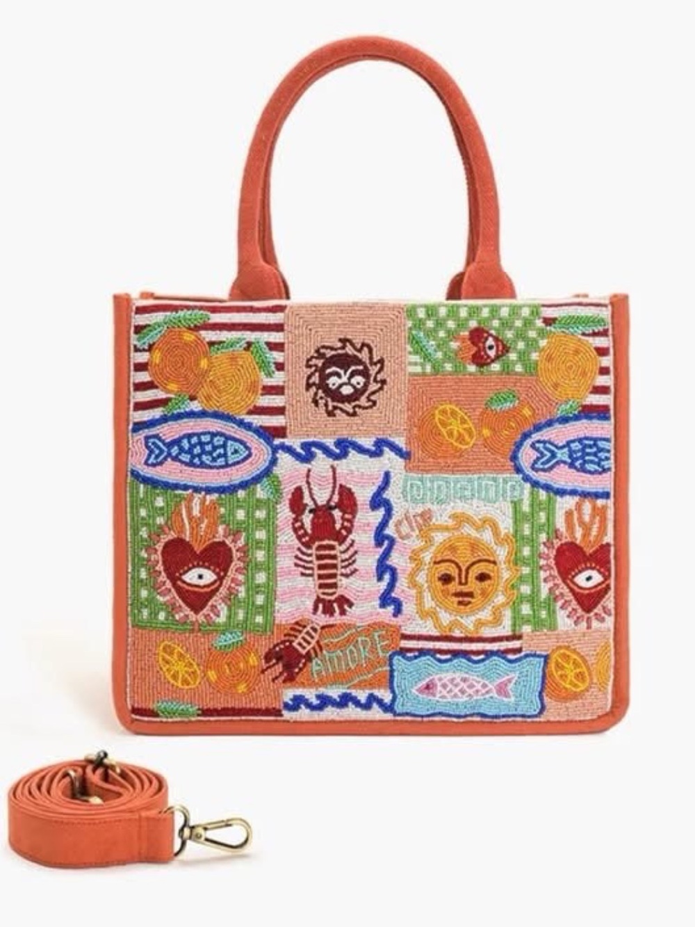 America & Beyond Orange Patchwork Tote Zip Beaded Detach Strap Nautical NWT